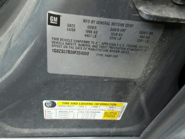 1G8ZS57B38F254360 - 2008 SATURN AURA XE GRAY photo 10