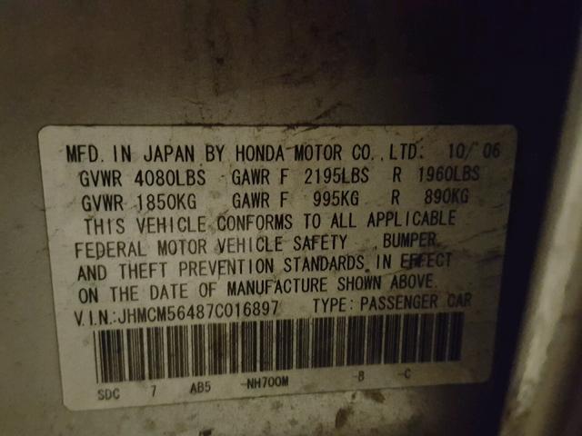 JHMCM56487C016897 - 2007 HONDA ACCORD LX SILVER photo 10