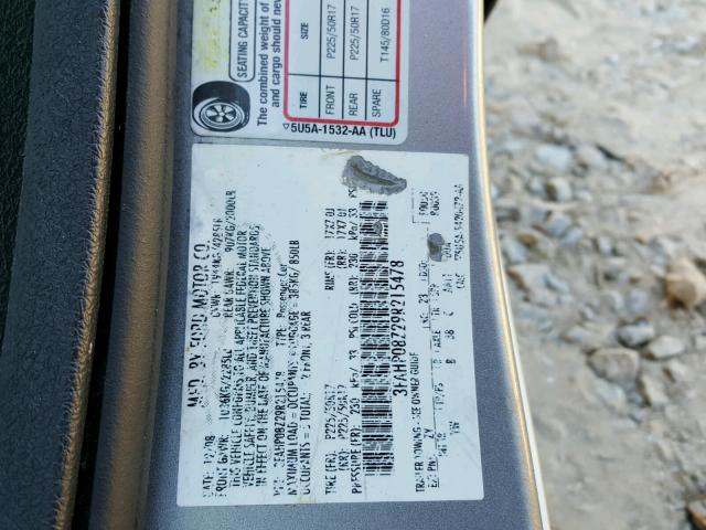 3FAHP08Z29R215478 - 2009 FORD FUSION SEL SILVER photo 10