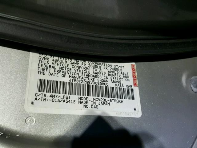 JT8BF22G8V0083860 - 1997 LEXUS ES 300 GRAY photo 10