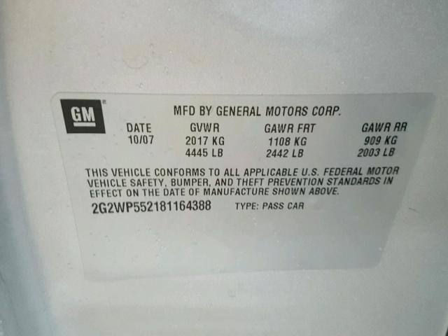 2G2WP552181164388 - 2008 PONTIAC GRAND PRIX SILVER photo 10