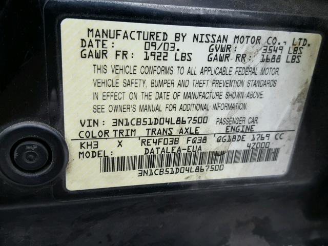 3N1CB51D04L867500 - 2004 NISSAN SENTRA 1.8 BLACK photo 10