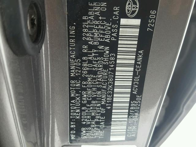 4T1BE32K36U714583 - 2006 TOYOTA CAMRY LE GRAY photo 10