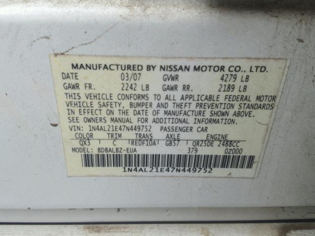 1N4AL21E47N449752 - 2007 NISSAN ALTIMA 2.5 WHITE photo 10