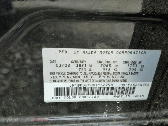 JM1BK32F081132798 - 2008 MAZDA 3 I BLACK photo 10