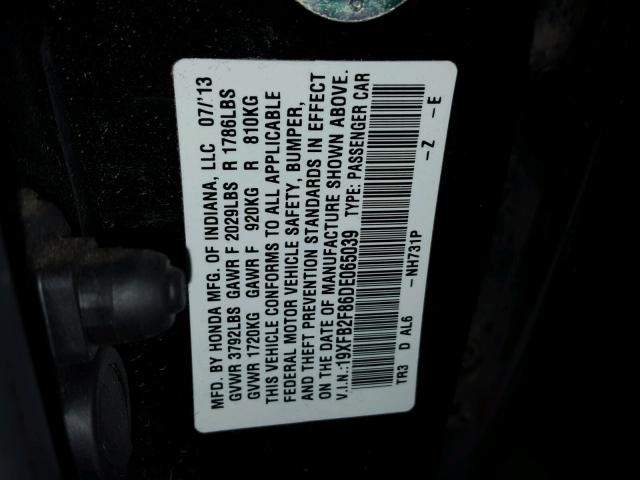 19XFB2F86DE065039 - 2013 HONDA CIVIC EX შავი ფოტო 10