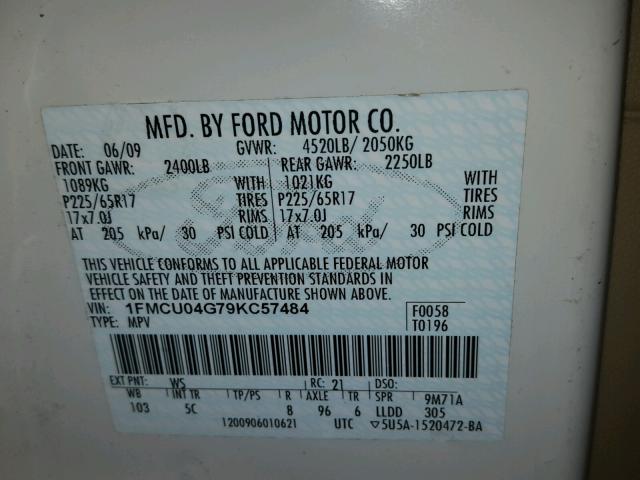 1FMCU04G79KC57484 - 2009 FORD ESCAPE LIM WHITE photo 10