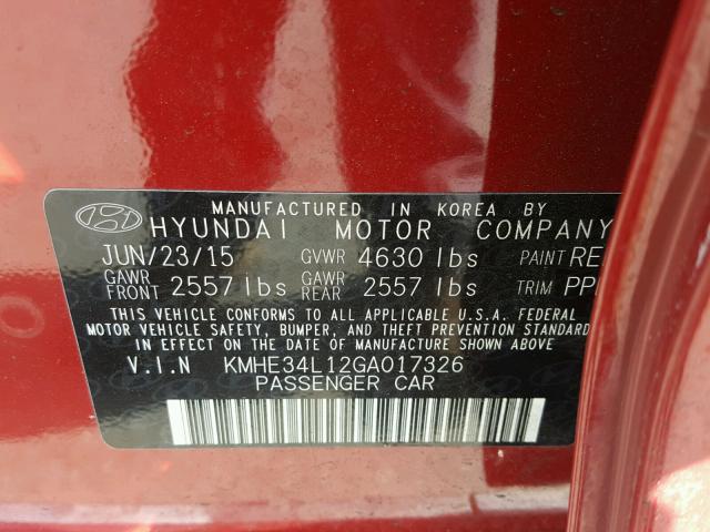 KMHE34L12GA017326 - 2016 HYUNDAI SONATA HYB RED photo 10