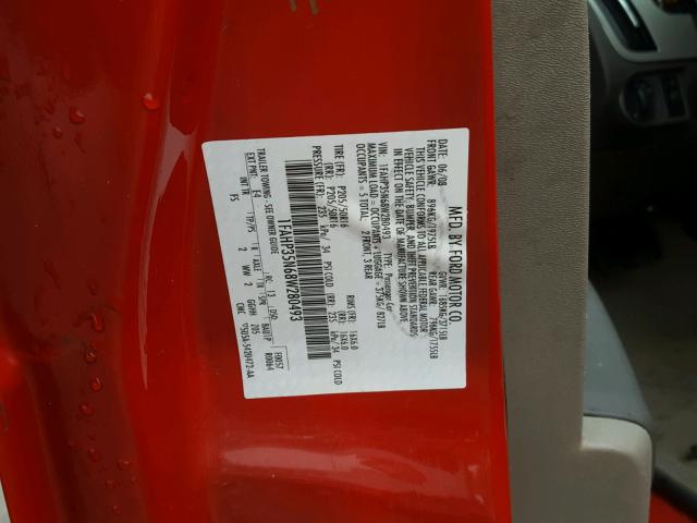 1FAHP35N68W280493 - 2008 FORD FOCUS SE RED photo 10