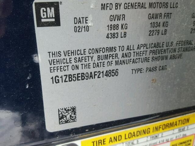 1G1ZB5EB9AF214856 - 2010 CHEVROLET MALIBU LS BLUE photo 10