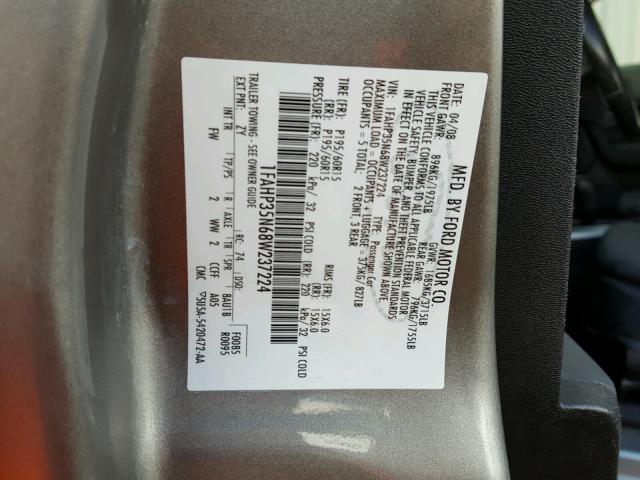 1FAHP35N68W237224 - 2008 FORD FOCUS SE SILVER photo 10