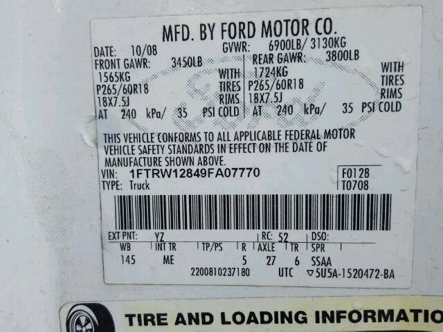 1FTRW12849FA07770 - 2009 FORD F150 SUPER WHITE photo 10