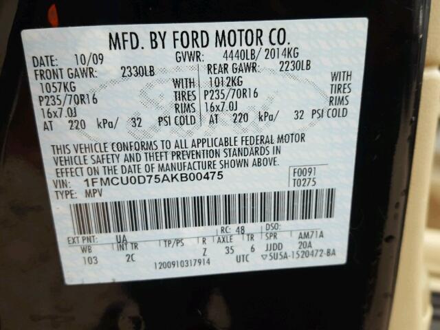 1FMCU0D75AKB00475 - 2010 FORD ESCAPE XLT BLACK photo 10