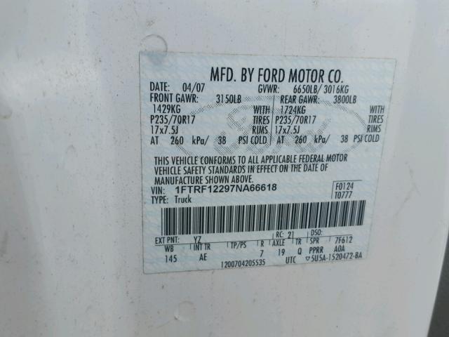 1FTRF12297NA66618 - 2007 FORD F150 WHITE photo 10