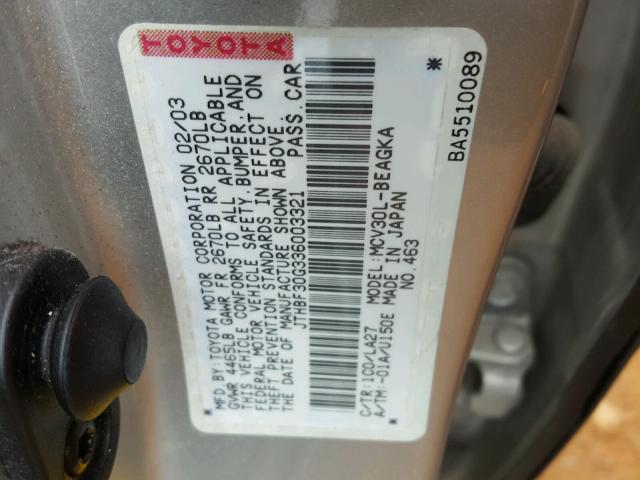 JTHBF30G336003321 - 2003 LEXUS ES 300 SILVER photo 10