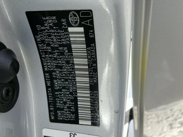 2T1BU4EE0AC379601 - 2010 TOYOTA COROLLA BA SILVER photo 10