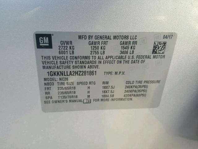 1GKKNLLA2HZ281861 - 2017 GMC ACADIA SLE SILVER photo 10