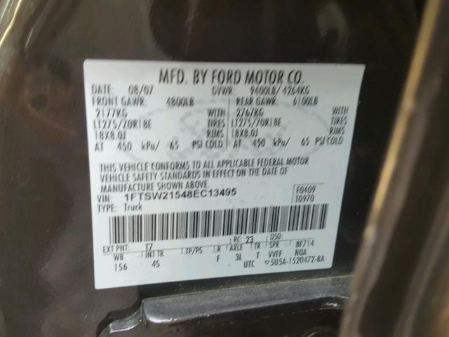 1FTSW21548EC13495 - 2008 FORD F250 SUPER GRAY photo 10