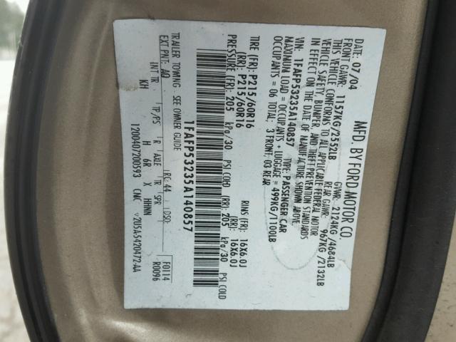 1FAFP53235A140857 - 2005 FORD TAURUS SE GOLD photo 10