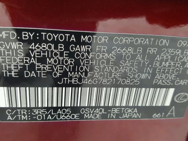 JTHBJ46G782170825 - 2008 LEXUS ES 350 BURGUNDY photo 10