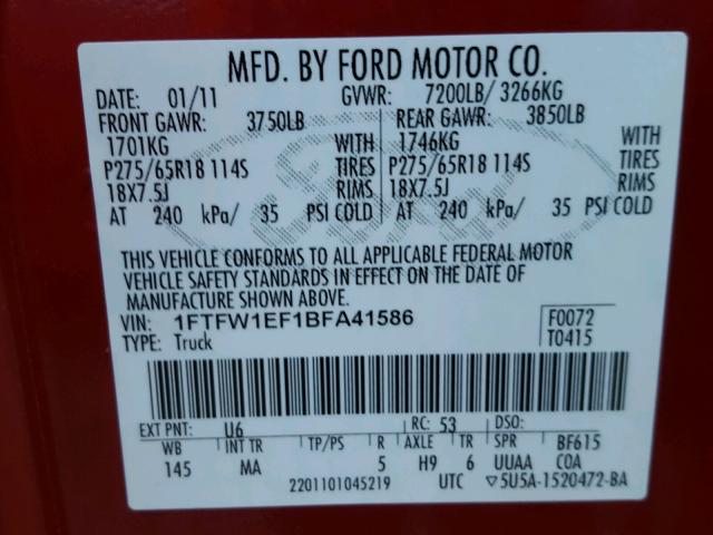 1FTFW1EF1BFA41586 - 2011 FORD F150 SUPER RED photo 10