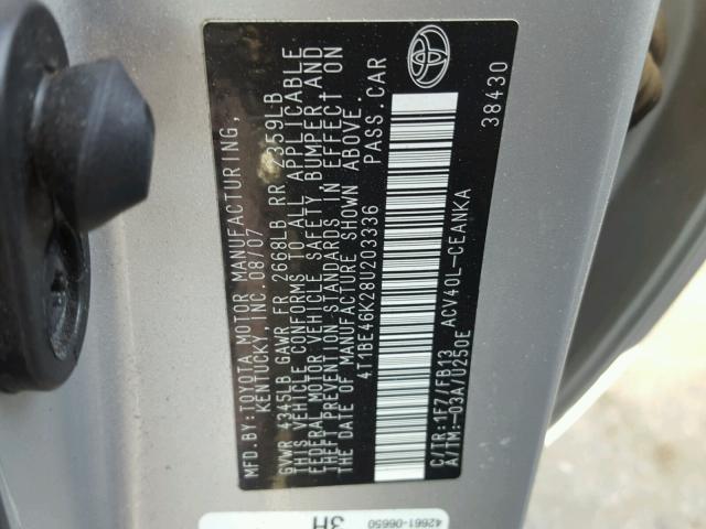 4T1BE46K28U203336 - 2008 TOYOTA CAMRY CE SILVER photo 10