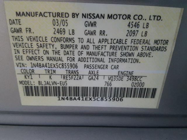 1N4BA41EX5C855906 - 2005 NISSAN MAXIMA SE SILVER photo 10