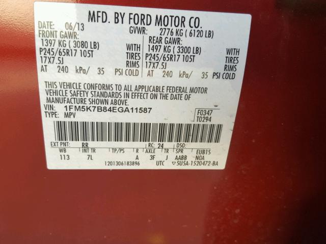 1FM5K7B84EGA11587 - 2014 FORD EXPLORER RED photo 10