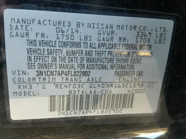 3N1CN7AP4FL822902 - 2015 NISSAN VERSA S BLACK photo 10