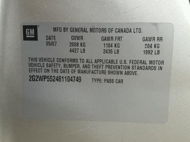 2G2WP552481104749 - 2008 PONTIAC GRAND PRIX ვერცხლისფერი ფოტო 10