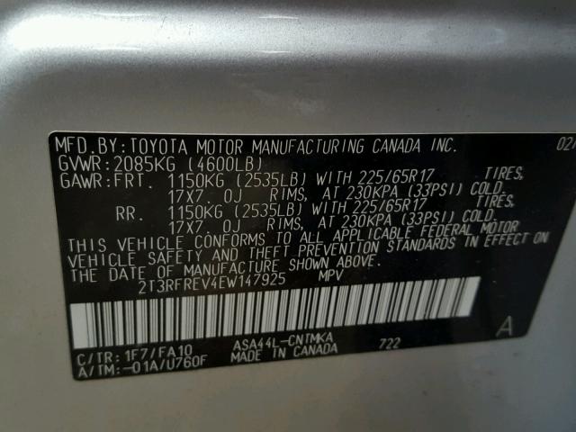 2T3RFREV4EW147925 - 2014 TOYOTA RAV4 XLE SILVER photo 10