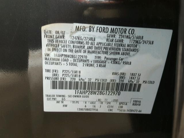 1FAHP28W28G122970 - 2008 FORD TAURUS LIM BLACK photo 10