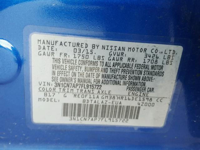 3N1CN7AP7FL915722 - 2015 NISSAN VERSA S BLUE photo 10