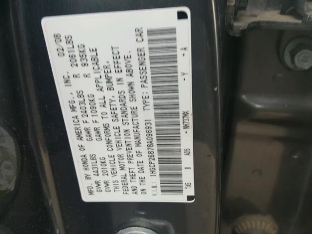 1HGCP26878A096931 - 2008 HONDA ACCORD EXL GRAY photo 10