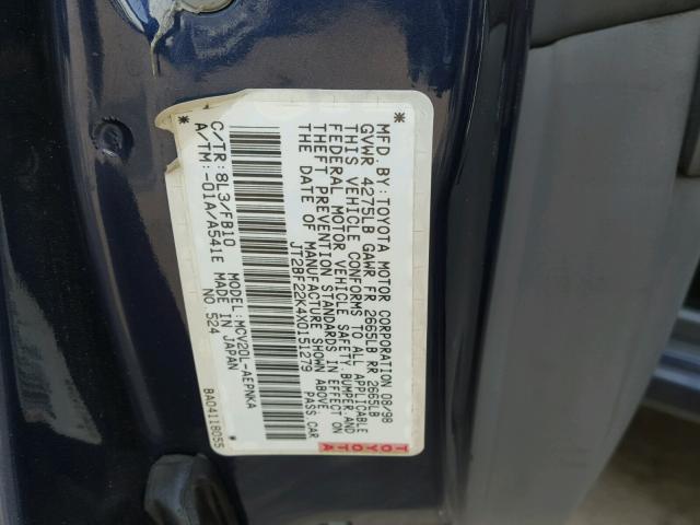 JT2BF22K4X0151279 - 1999 TOYOTA CAMRY LE 蓝色 照片 10
