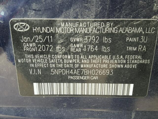 5NPDH4AE7BH026693 - 2011 HYUNDAI ELANTRA GL BLUE photo 10