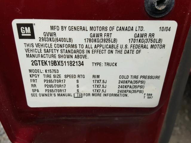 2GTEK19BX51182134 - 2005 GMC NEW SIERRA RED photo 10