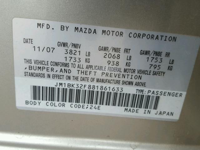 JM1BK32F881861633 - 2008 MAZDA 3 I GOLD photo 10