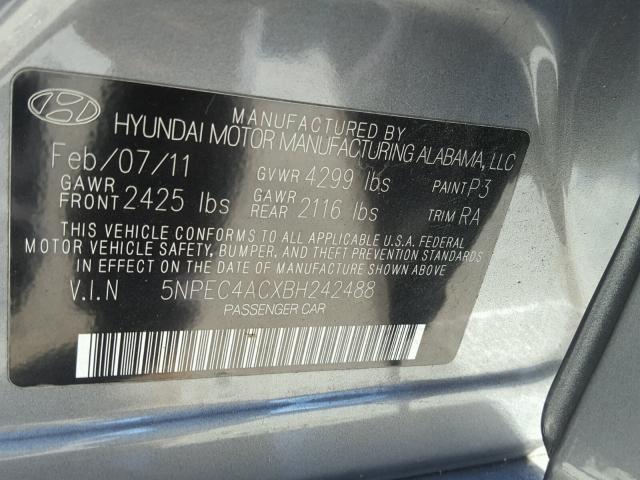 5NPEC4ACXBH242488 - 2011 HYUNDAI SONATA SE CHARCOAL photo 10