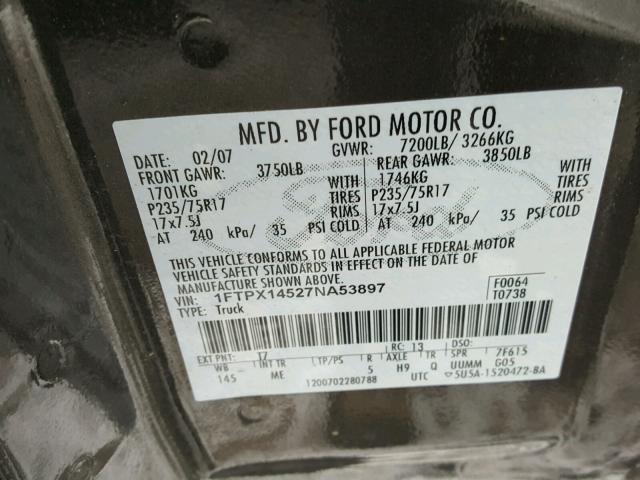 1FTPX14527NA53897 - 2007 FORD F150 BROWN photo 10