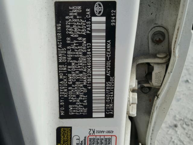 4T1BE32K46U658413 - 2006 TOYOTA CAMRY LE WHITE photo 10