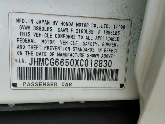 JHMCG6650XC018830 - 1999 HONDA ACCORD LX WHITE photo 10