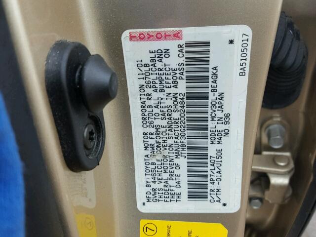 JTHBF30G220024842 - 2002 LEXUS ES 300 GOLD photo 10