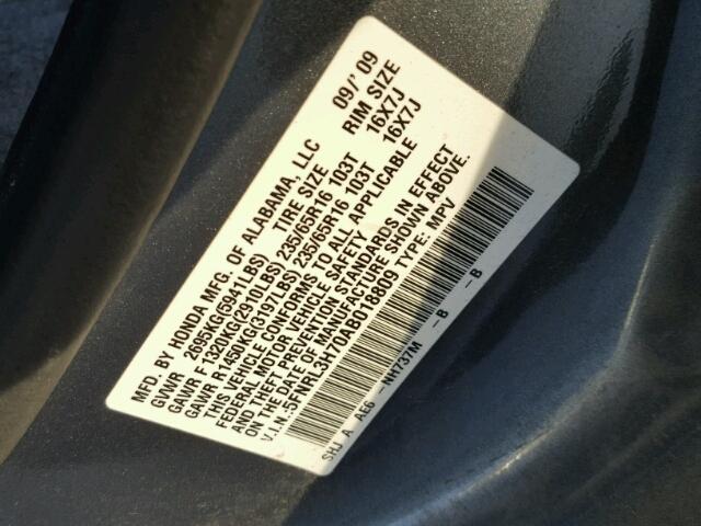 5FNRL3H70AB018809 - 2010 HONDA ODYSSEY EX GRAY photo 10