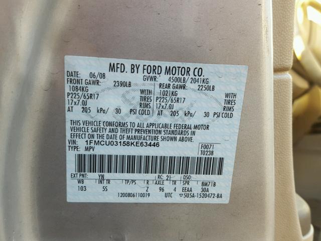 1FMCU03158KE63446 - 2008 FORD ESCAPE XLT SILVER photo 10