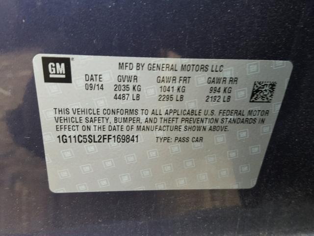 1G11C5SL2FF169841 - 2015 CHEVROLET MALIBU 1LT 蓝色 照片 10