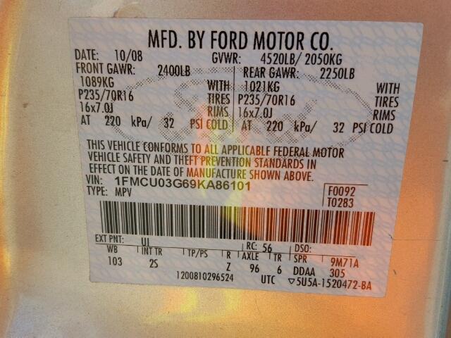 1FMCU03G69KA86101 - 2009 FORD ESCAPE XLT SILVER photo 10