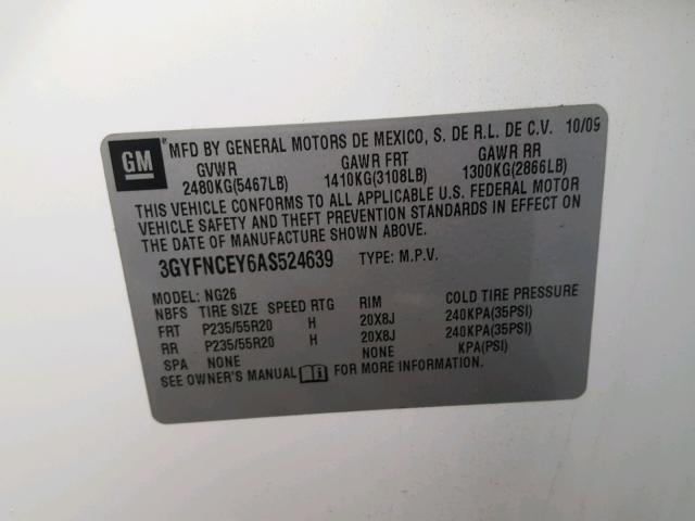 3GYFNCEY6AS524639 - 2010 CADILLAC SRX PREMIU WHITE photo 10