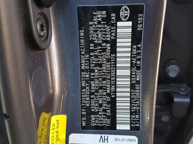 4T1BK1EB3GU211176 - 2016 TOYOTA AVALON XLE GRAY photo 10