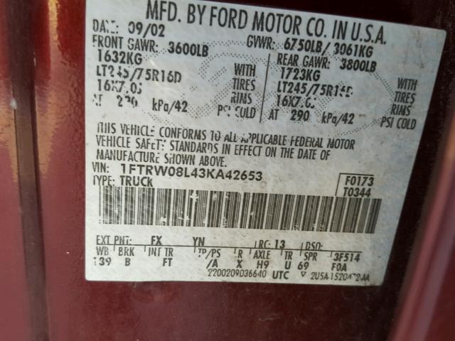 1FTRW08L43KA42653 - 2003 FORD F150 SUPER BURGUNDY photo 10